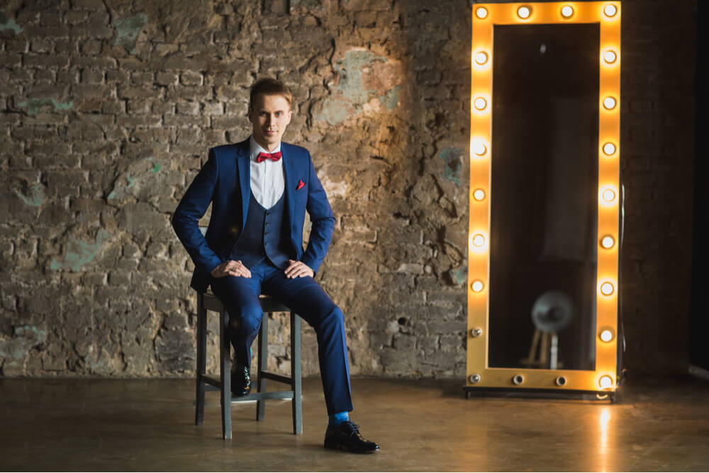 blue suit with brown dress Classy Navy Blue Classic Bespoke Shawl Lapel Wedding Groom Suits Online main image 0